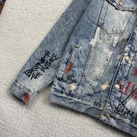 Y2K Zara Denim Punk Emo Goth Graffiti Jacket Sherpa Lined Distressed Men Size S - Picture 3 of 16
